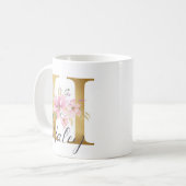 Elegantes Rosa Floral Gold Letter Monogram H Kaffeetasse (Vorderseite Links)