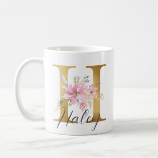 Elegantes Rosa Floral Gold Letter Monogram H Kaffeetasse