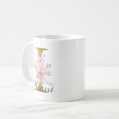 Elegantes Rosa Floral Gold Letter Monogram I Kaffeetasse (Vorderseite Links)