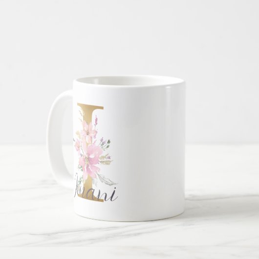 Elegantes Rosa Floral Gold Letter Monogram I Kaffeetasse (Vorderseite Links)