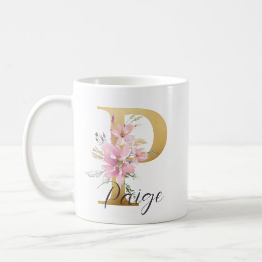 Elegantes Rosa Floral Gold Letter Monogram P Kaffeetasse (Links)