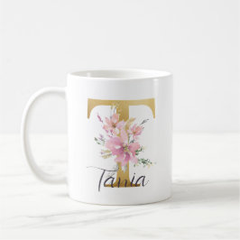Elegantes Rosa Floral Gold Letter Monogram T Kaffeetasse
