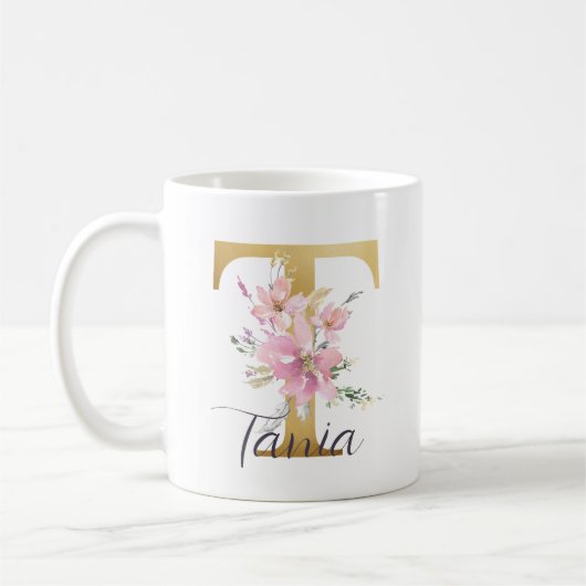 Elegantes Rosa Floral Gold Letter Monogram T Kaffeetasse (Links)