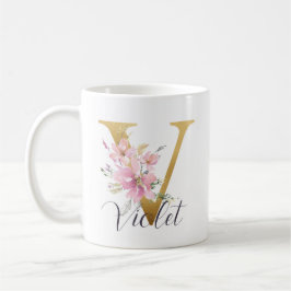 Elegantes Rosa Floral Gold Letter Monogram V Kaffeetasse