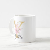 Elegantes Rosa Floral Gold Letter Monogram Y Kaffeetasse (Vorderseite Links)