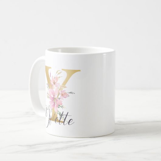 Elegantes Rosa Floral Gold Letter Monogram Y Kaffeetasse (Vorderseite Links)