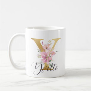 Elegantes Rosa Floral Gold Letter Monogram Y Kaffeetasse