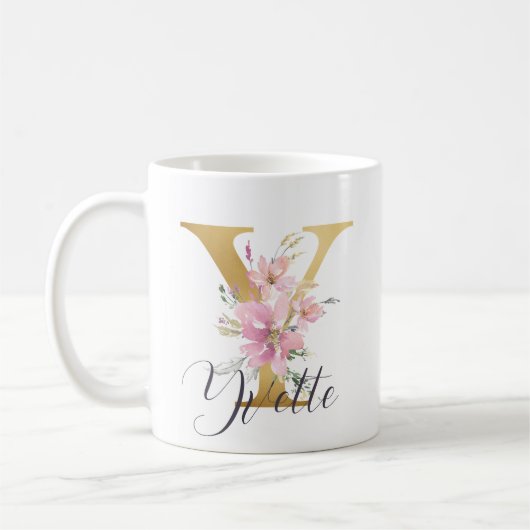 Elegantes Rosa Floral Gold Letter Monogram Y Kaffeetasse (Links)