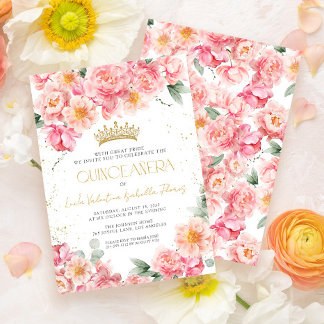 Elegantes Rosa Floral Gold Quinceñera Einladung