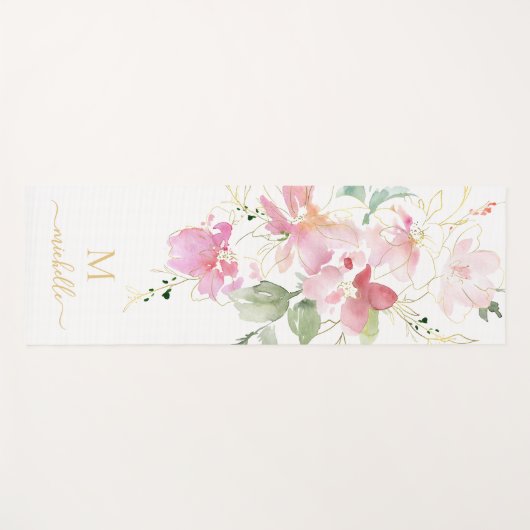 Elegantes rosa Floral Gold Script Monogram Yogamatte (Vorderseite (Horizontal))