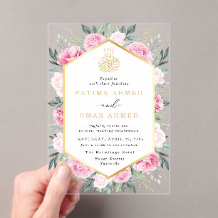 Elegantes Rosa Floral Gold Verlasse muslimische Ho Acryleinladungen
