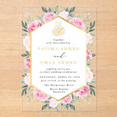 Elegantes Rosa Floral Gold Verlasse muslimische Ho Acryleinladungen (Vorderseite)