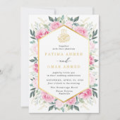 Elegantes Rosa Floral Gold Verlasse muslimische Ho Einladung (Vorderseite)