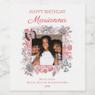 Elegantes Rosa Floral Happy Birthday Family Foto Weinetikett