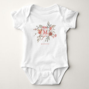 Elegantes Rosa Floral Monogramm Baby Strampler