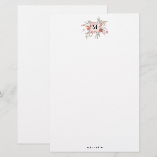 Elegantes Rosa Floral Monogramm Briefpapier (Vorne/Hinten)