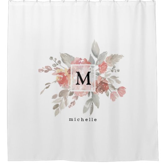 Elegantes Rosa Floral Monogramm Duschvorhang (Vorderseite)