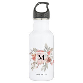 Elegantes Rosa Floral Monogramm Edelstahlflasche