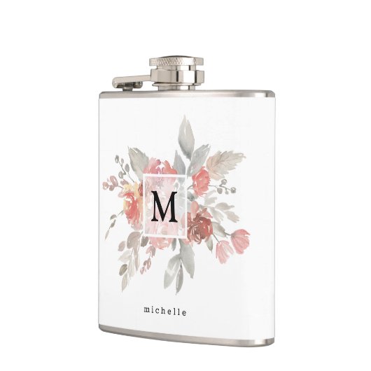 Elegantes Rosa Floral Monogramm Flachmann (Links)