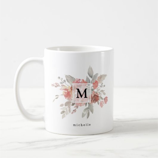 Elegantes Rosa Floral Monogramm Kaffeetasse (Links)