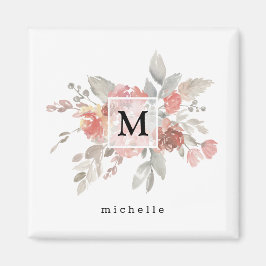 Elegantes Rosa Floral Monogramm Magnet