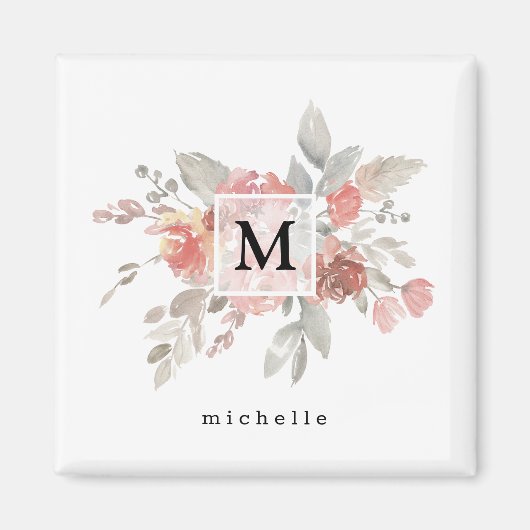 Elegantes Rosa Floral Monogramm Magnet (Vorne)