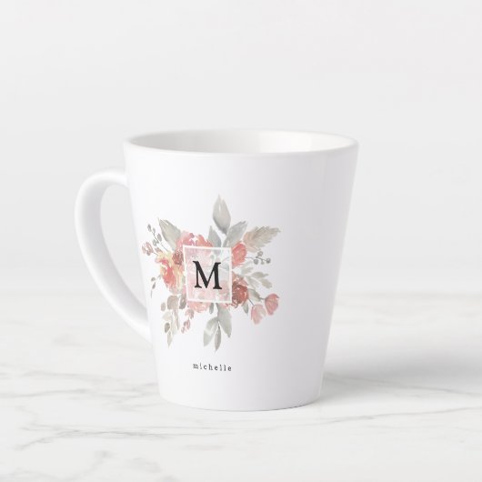 Elegantes Rosa Floral Monogramm Milchtasse (Linke Ecke)