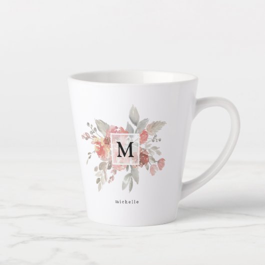 Elegantes Rosa Floral Monogramm Milchtasse (Rechts)