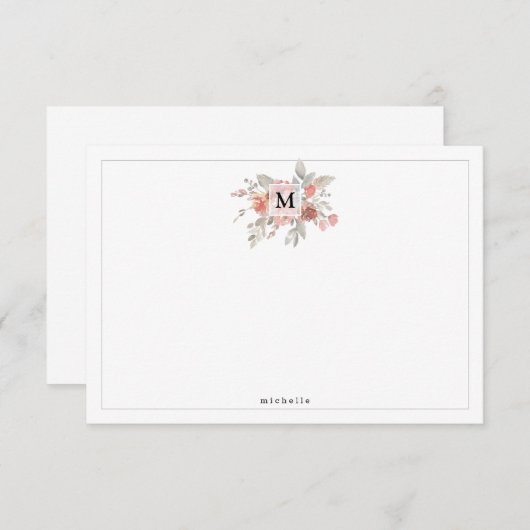 Elegantes Rosa Floral Monogramm Mitteilungskarte (Vorne/Hinten)