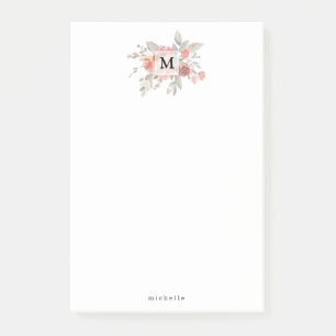 Elegantes Rosa Floral Monogramm Post-it Klebezettel