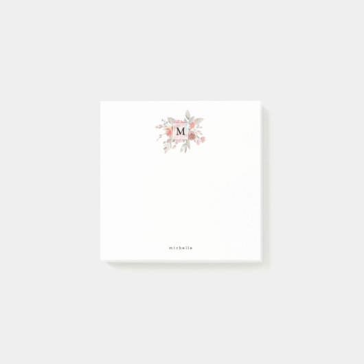 Elegantes Rosa Floral Monogramm Post-it Klebezettel (Vorderseite)