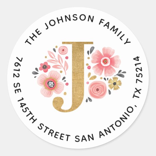 Elegantes Rosa Floral Monogramm Rücksendeadresse-E Runder Aufkleber (Vorderseite)