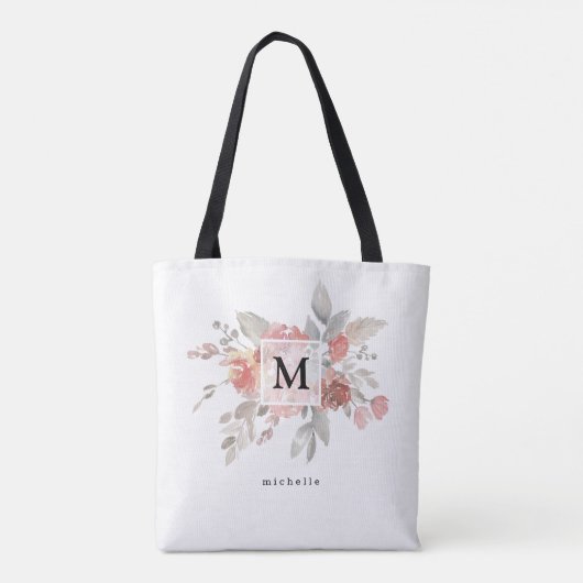 Elegantes Rosa Floral Monogramm Tasche (Rückseite)