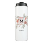 Elegantes Rosa Floral Monogramm Thermosbecher (Vorderseite)