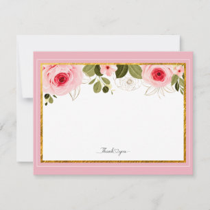 Elegantes rosa Floral- und Goldrahmen "Danke" Mitteilungskarte