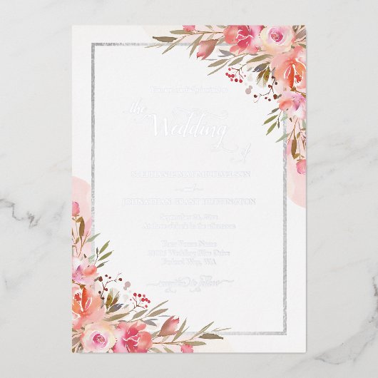 Elegantes Rosa Floral Watercolor Hochzeitsilber Folieneinladung (Vorderseite)