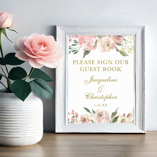 Elegantes Rosa Floral Wedding Sign Unser Gästebuch