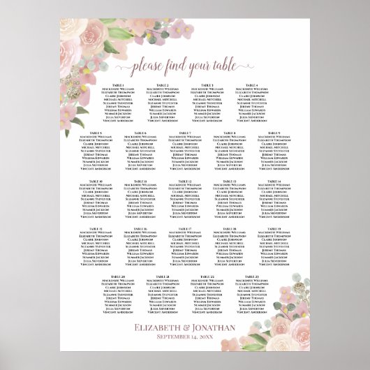 Elegantes rosa, florales 23 Tisch Hochzeitstabelle Poster (Vorne)