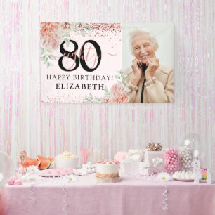 Elegantes rosa florales 80. Geburtstagsfoto Banner