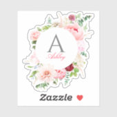 Elegantes rosa florales Circle Frame Monogramm Aufkleber (Blatt)