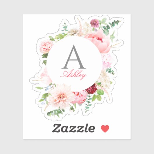 Elegantes rosa florales Circle Frame Monogramm Aufkleber (Blatt)