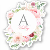 Elegantes rosa florales Circle Frame Monogramm Aufkleber (Vorderseite)