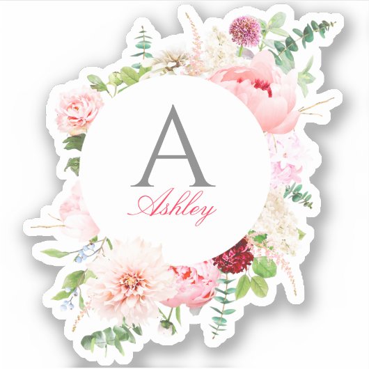 Elegantes rosa florales Circle Frame Monogramm Aufkleber (Vorderseite)