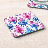 Elegantes rosa, florales Damasketmuster Getränkeuntersetzer (Linke Seite)