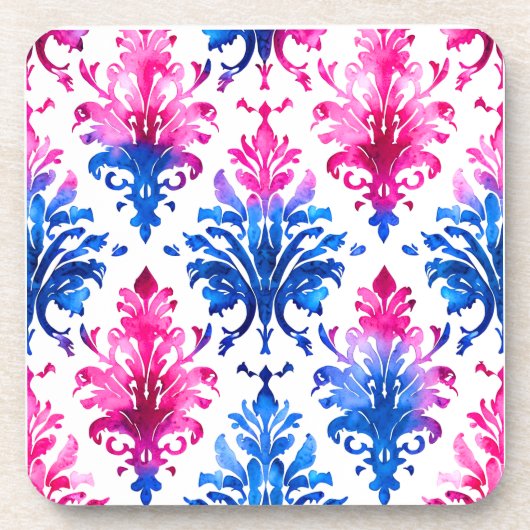 Elegantes rosa, florales Damasketmuster Getränkeuntersetzer (Vorderseite)