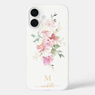 Elegantes rosa florales goldenes Skript Monogramm iPhone 16 Hülle