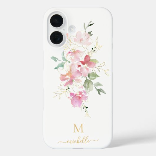 Elegantes rosa florales goldenes Skript Monogramm Case-Mate iPhone Hülle (Rückseite)