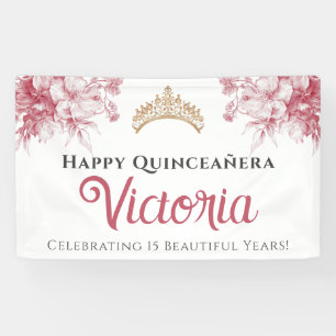 Elegantes rosa florales Happy Birthday Quinceañera Banner