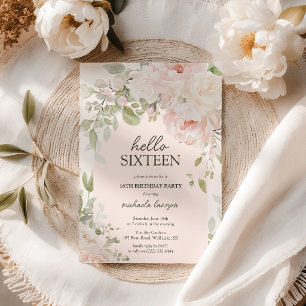 Elegantes rosa florales 'Hello Sixteen' 16. Geburt Einladung