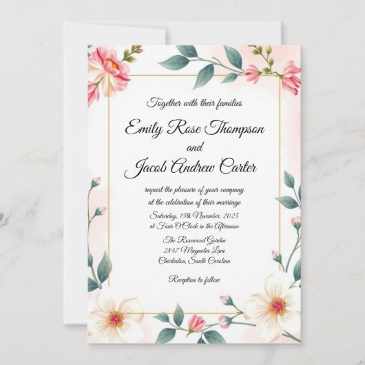 Elegantes rosa florales Hochzeitsformular Einladung (Vorderseite)